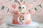 Photo collage on cute pink bunny birthday cake