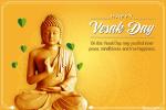 Formal Vesak Greeting Card with Buddha Statue and Bodhi Leaves