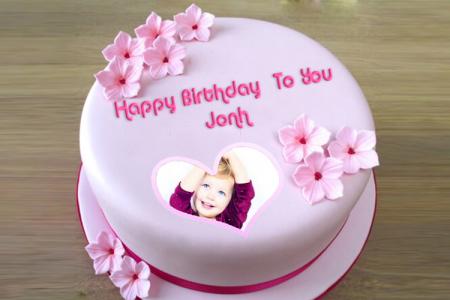 Write a greeting on the pink birthday cake with Photo