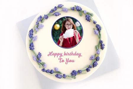 Happy birthday cake with photo and wish