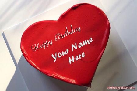 Red Heart Birthday Cake With Name For Lover