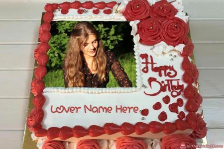 Red Rose Birthday Cake For Lover With Name And Photo Edit