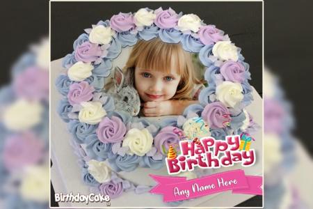 Happy Birthday Flower Cake With Your Name And Photo
