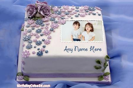 Happy Birthday Purple Flower Birthday Cake With Name And Photo Edit