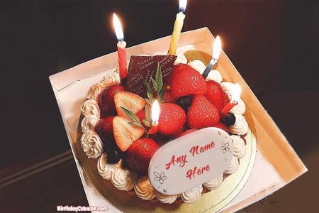Strawberry Cake With Candle With Name Online