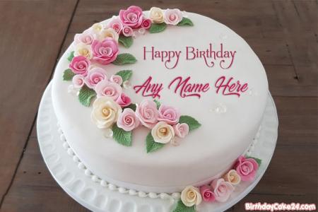 Pink Rose Flower Birthday Cakes With Name Generator