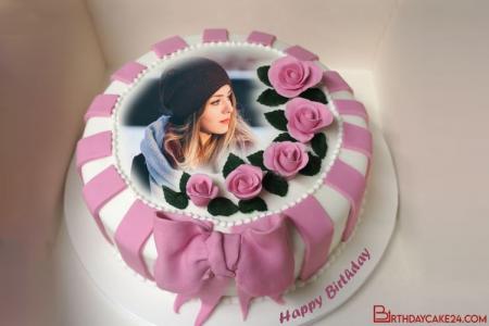 Pink Rose Birthday Cake With Photo Frame Editing