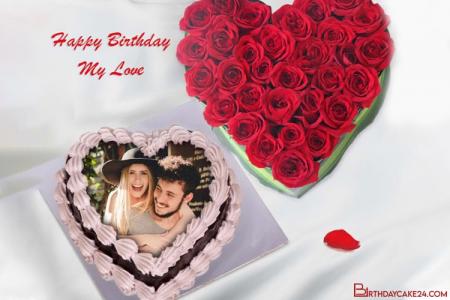 Customize Heart Love Birthday Cake With Photo Edit
