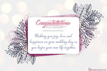 Happy Wedding Day Card With Line Leaves Florals