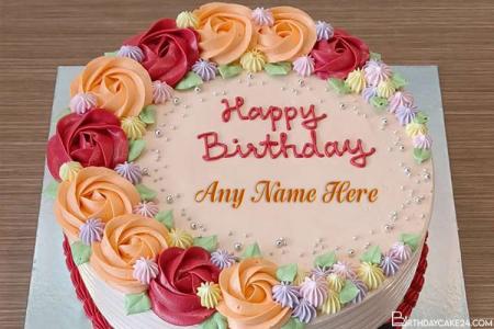 Write Name On Colorful Flower Happy Birthday Cake Images