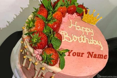 Fruity Strawberry Birthday Wishes Cake With Name Online Editing