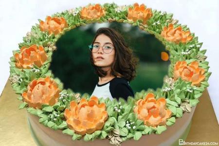 Orange Floral Border Birthday Cake With Photo Editing