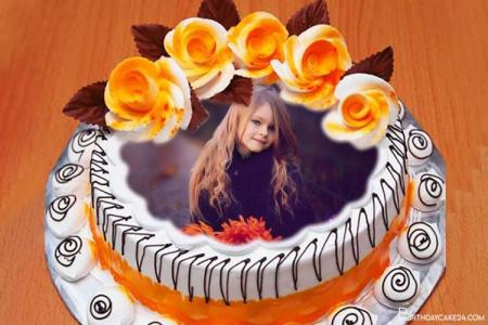 Orange Flower Birthday Cake With Photo Editing
