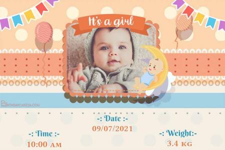 It's A Girl - Birth Announcement With Date, Time & Weight