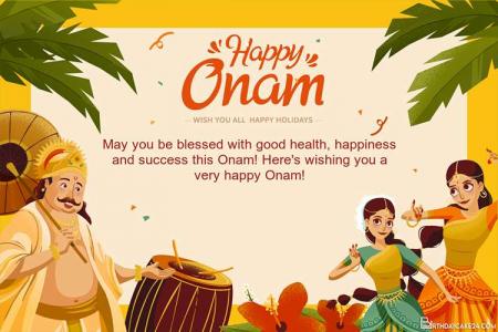 Happy Onam Greeting Card With Mahabali King Dancers
