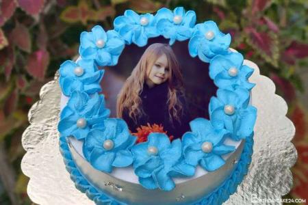 Lovely Blue Flower Birthday Cake With Name And Photo