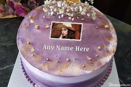 Purple Flowers Birthday Wishes Cake With Name And Photo