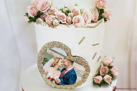 Photos On Romantic Wedding Anniversary Cake With Pink Rose