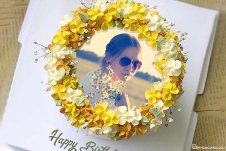 Yellow Flowers Birthday Wishes Cake With Photo Frame