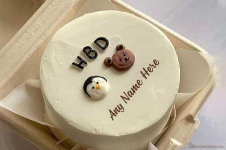 Bear And Penguin Couple Birthday Cake With Name