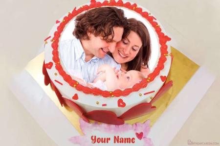 Heart Border Birthday Cake With photo and name