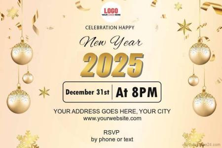 Create New Year 2025 Invitation Card With Golden Ball