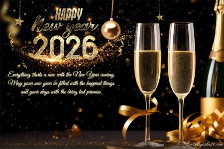Happy New Year 2026 Greeting Card Champagne Glass
