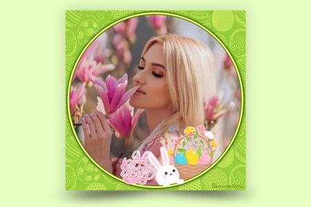 Easter photo frame with flowers and cute bunnies