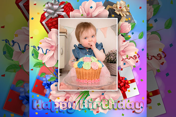 Photo Frame Happy Birthday With Flower Colorful
