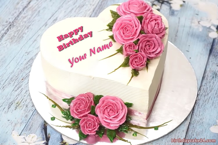 Beautiful Pink Heart Name Birthday Cake With Roses