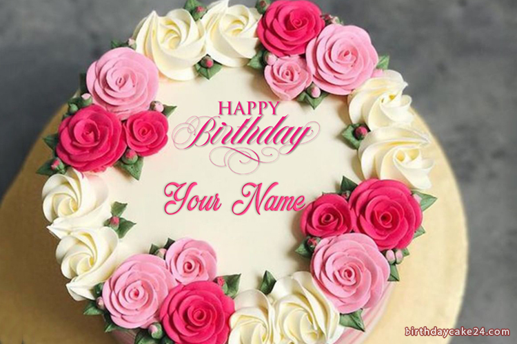 Flowers Birthday Cake With Your Name And Photo Wishes Pictures