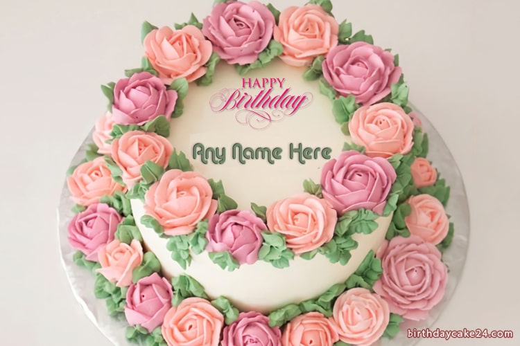 Beautiful Flower Birthday Cake of 2 Floors With Name