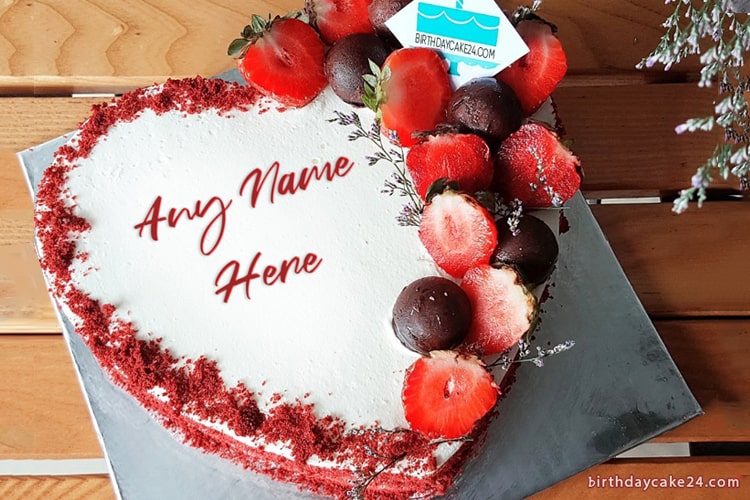 Write Name On Heart Shape Red Velvet Birthday Cake
