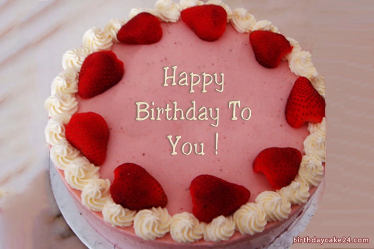 Strawberries And Cream Birthday Cake With Name