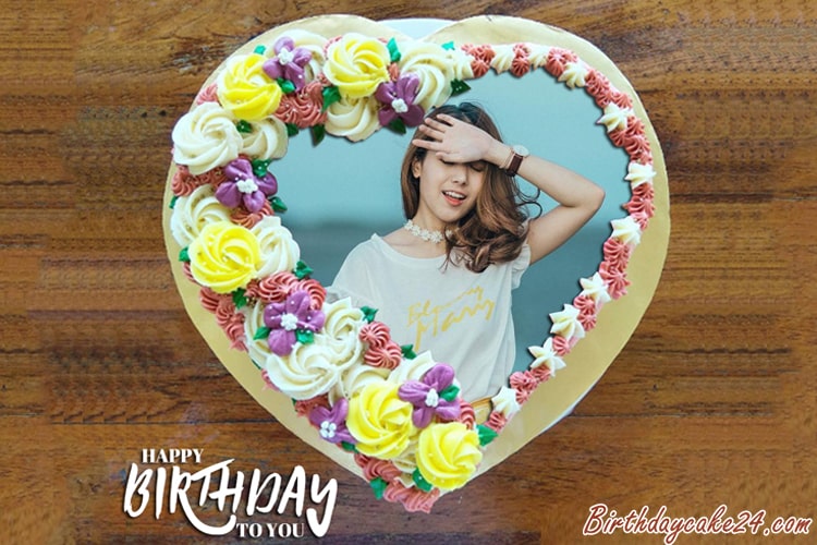 Print Photo On Heart Birthday Cake For Lover