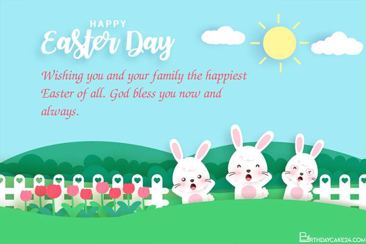 Happy Easter Day Card With Cute Rabbits Garden