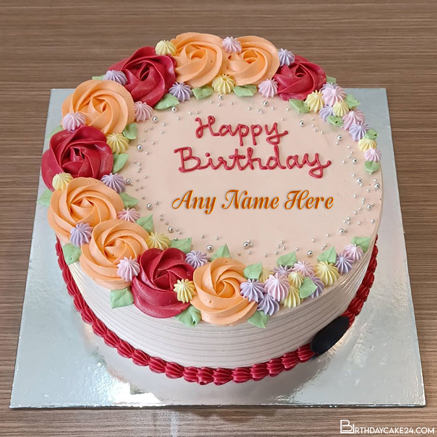 Write Name On Colorful Flower Happy Birthday Cake Images