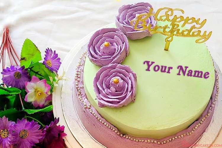 Purple Flower Birthday Wishes Cake With Your Name