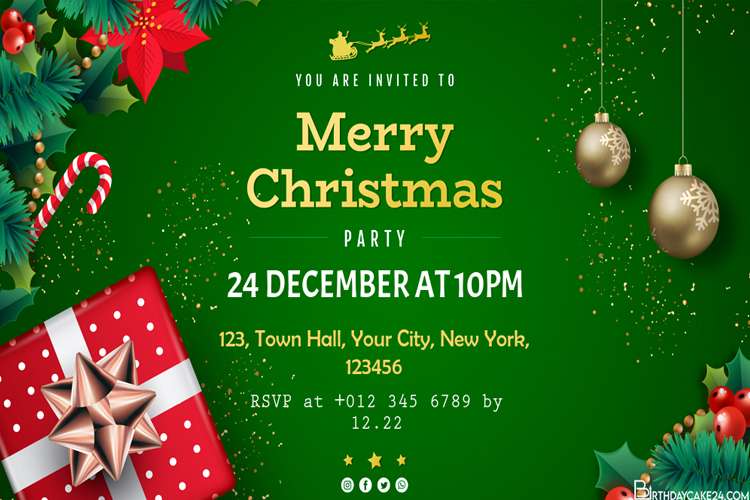 Green Background Christmas Party Invitation Card With Ornaments