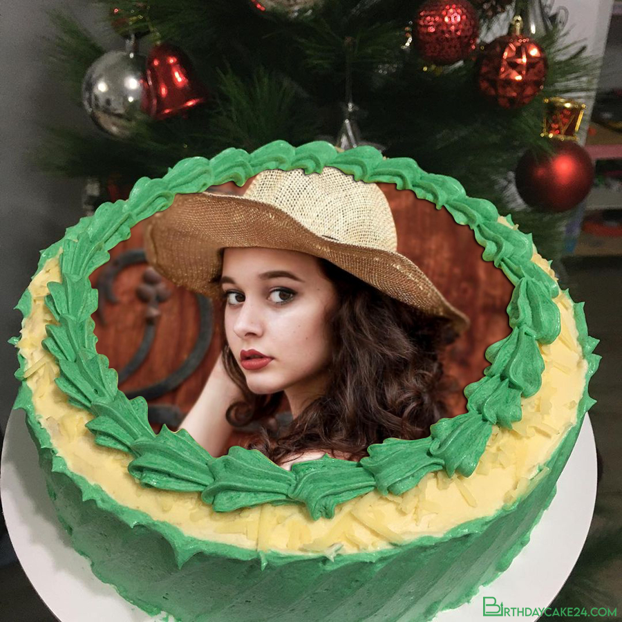 Green Birthday Cake Christmas Background With Photo Frame