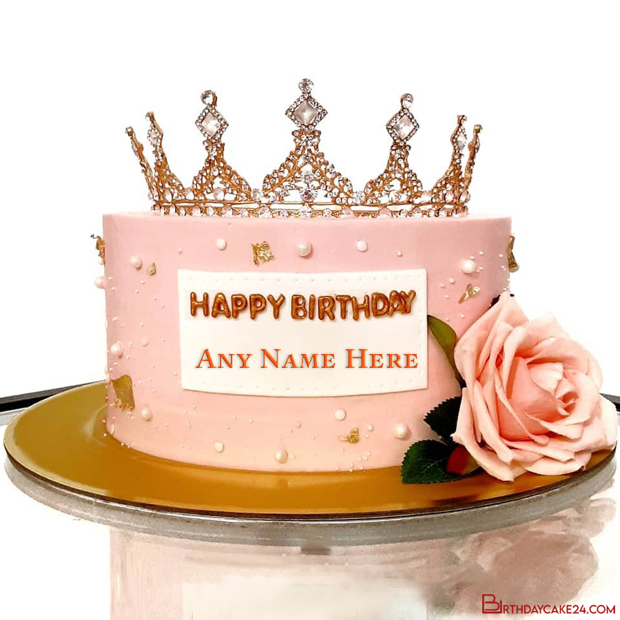 Print Name On Happy Birthday Cake With Crown For Friend