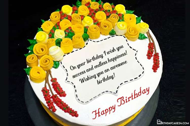 Beautiful Yellow Rose Birthday Cake With Name Wishes