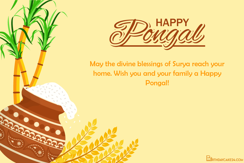 Happy Pongal Greeting Card With Pongali Rice In Mud Pot