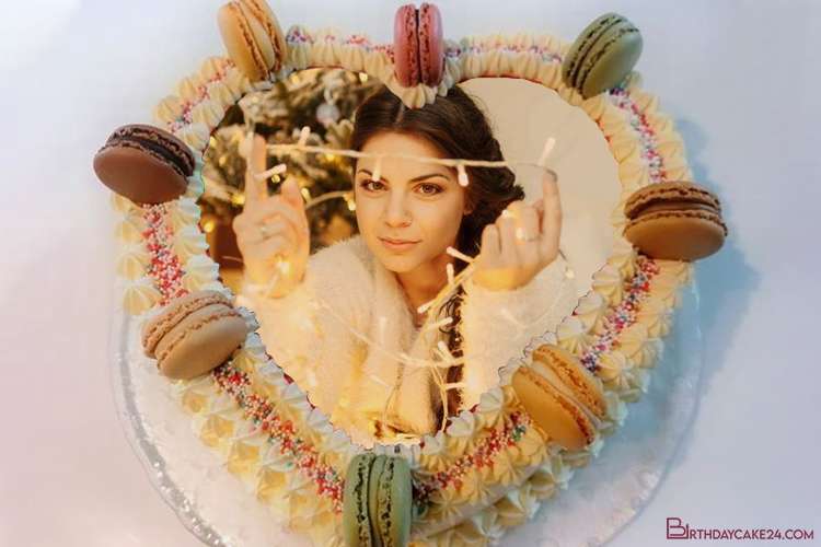 Print Photo On A Macaron Heart Shaped Birthday Cake