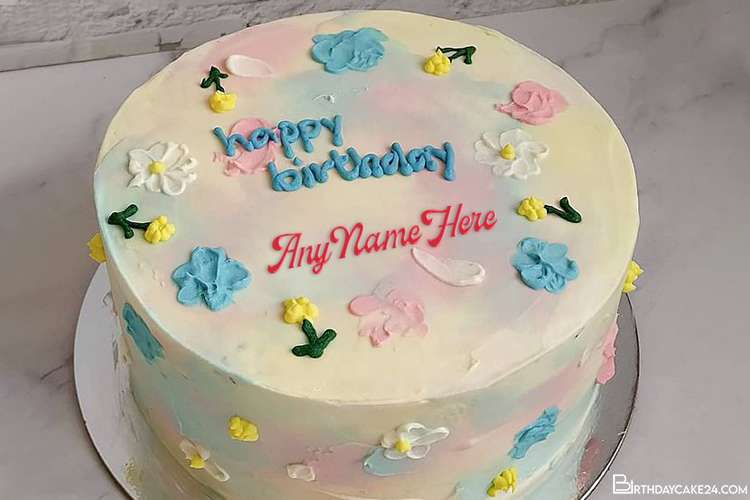 Colorful Floral Birthday Cake With Name Edit