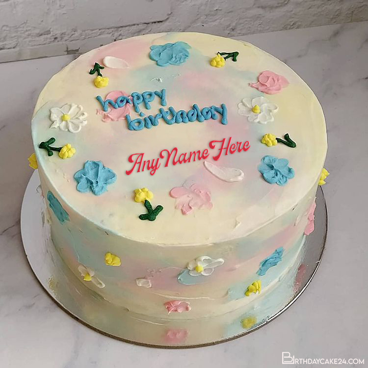 Colorful Floral Birthday Cake With Name Edit - Lovely Flower Happy BirthDay Cake With Name 93cDD