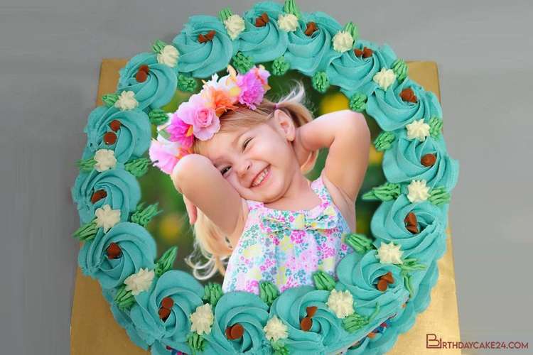 Happy Birthday Cream Blue Cake With Photo Edit