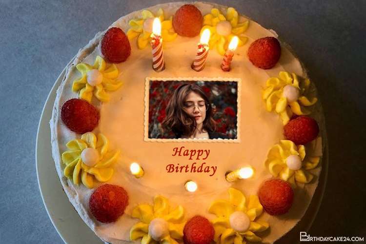 Happy Strawberry Candle Birthday Cake With Photo Frames