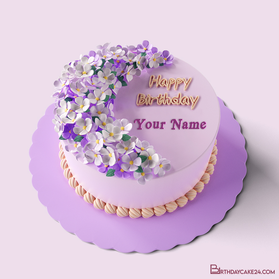 Write Your Name On Purple Cream Flower Birthday Cake