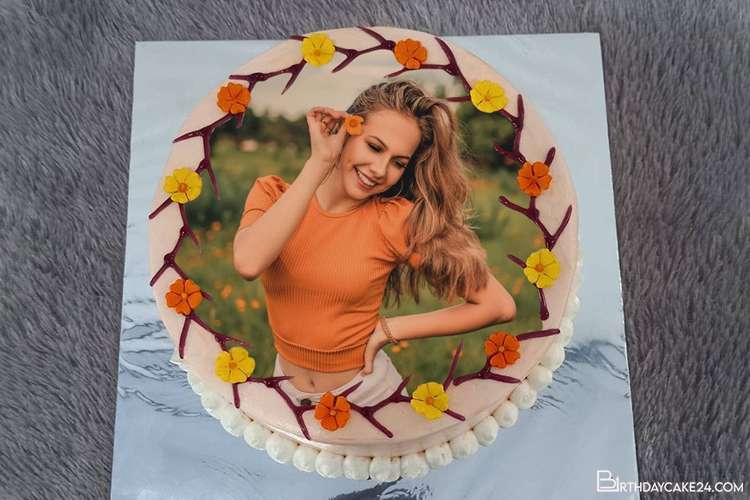 Customize Lovely Flower Birthday Cake With Photo Frames